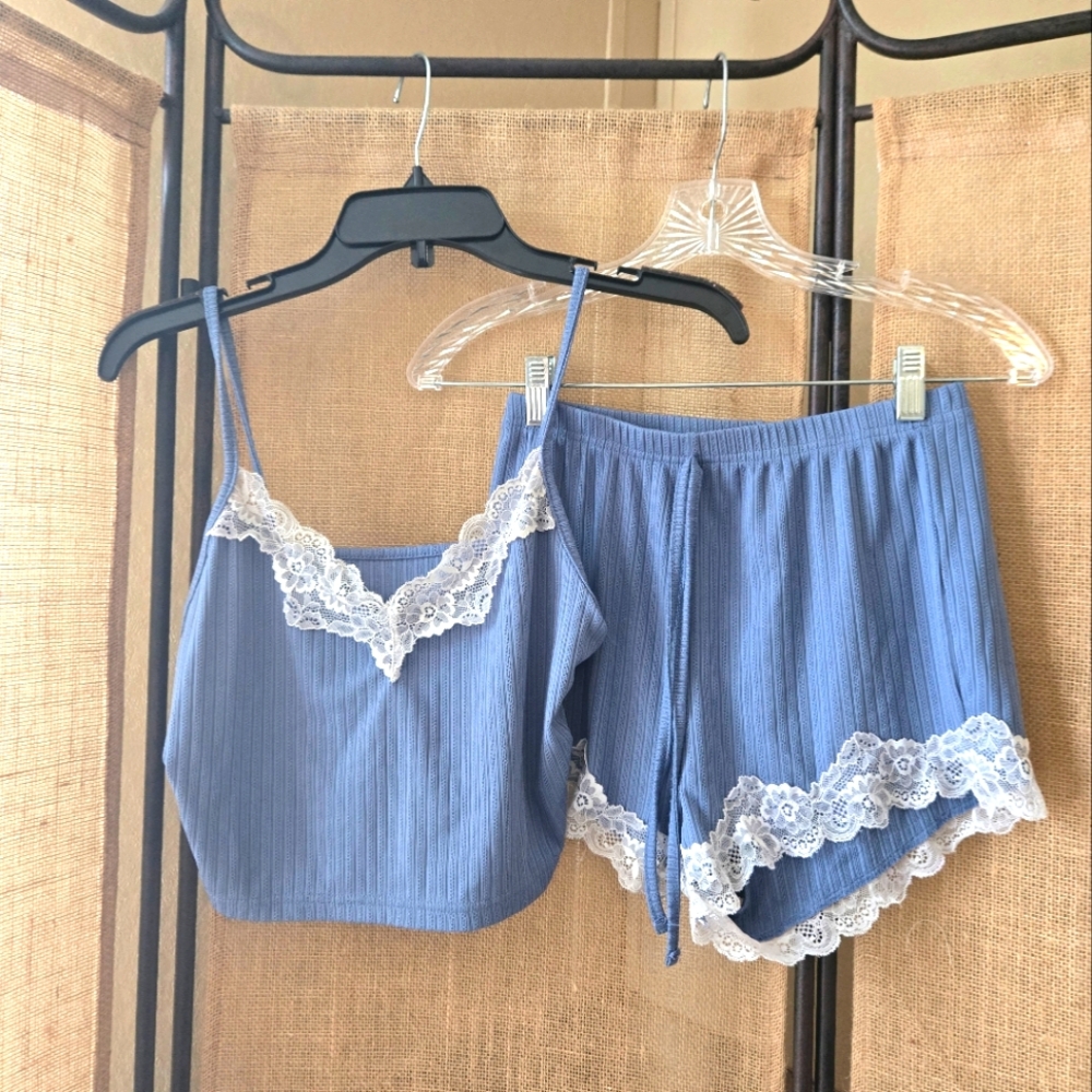Women's Shein Blue With White Lace Trim Sleepwear Set Size Small